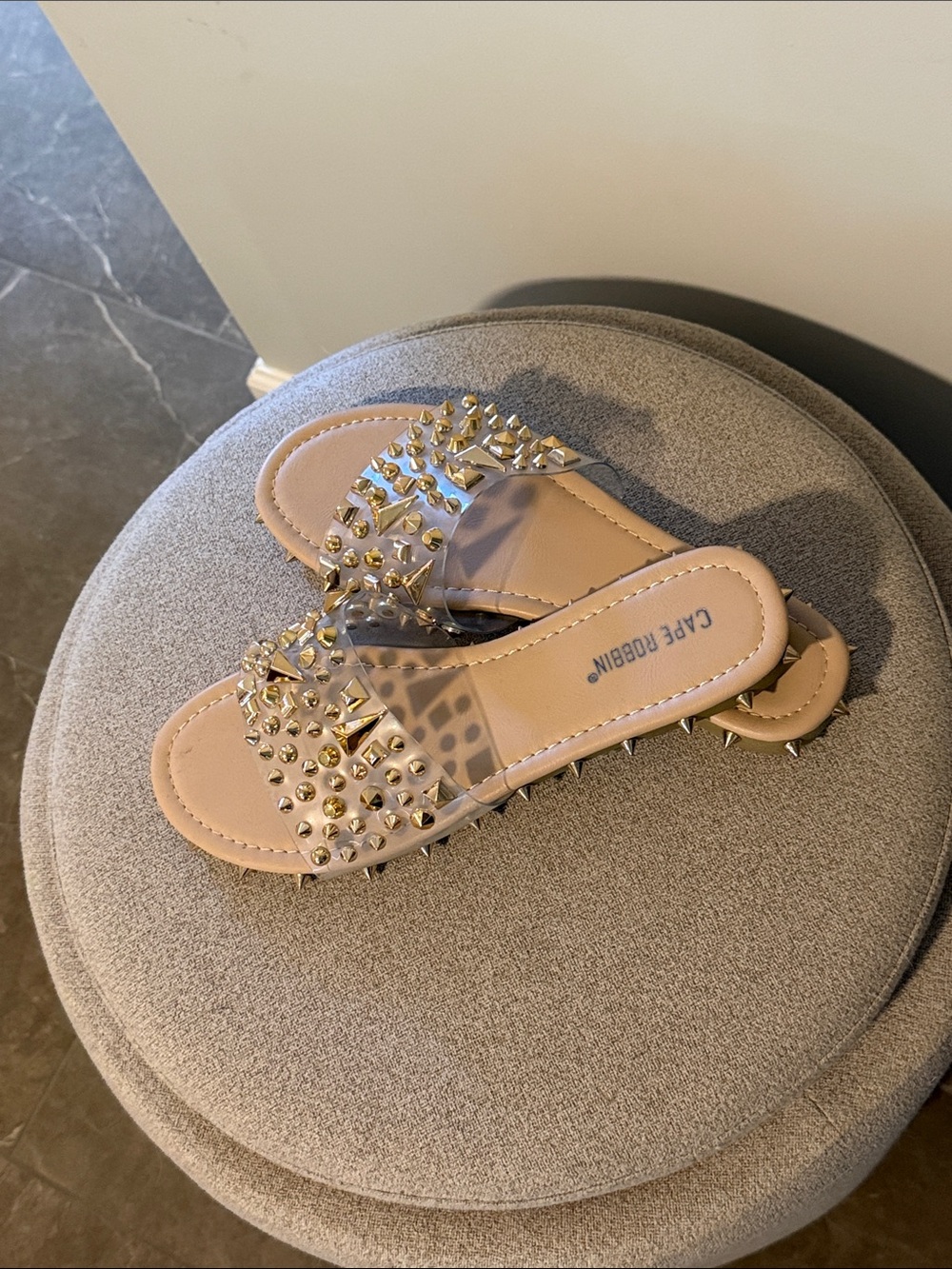 Cape Robbin Beige Clear Studded Slide Sandals